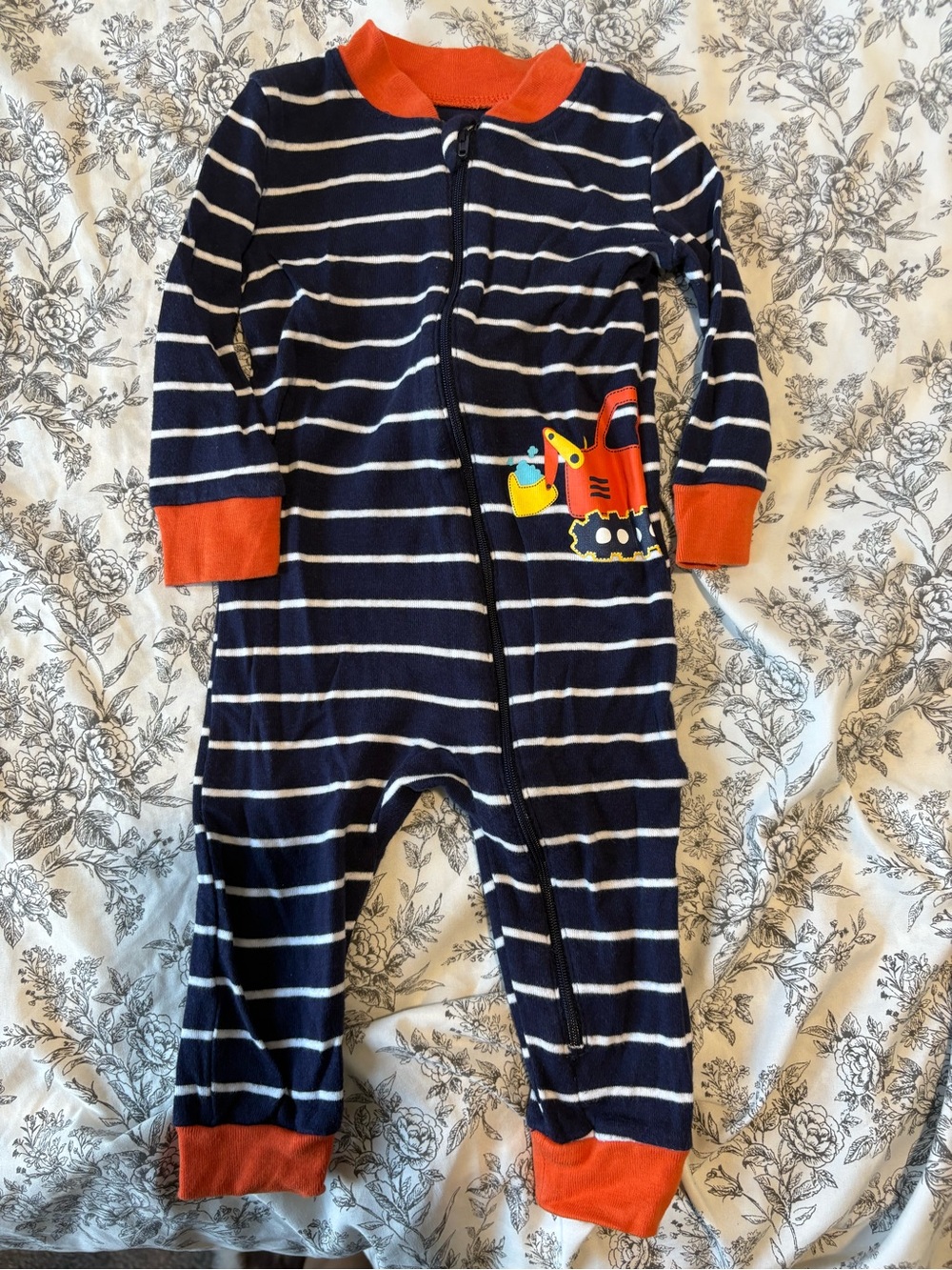 Navy Stripe Kids One-Piece with Orange Trim and Excavator Graphic